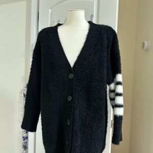 Elegant Black Cardigan with White Stripes